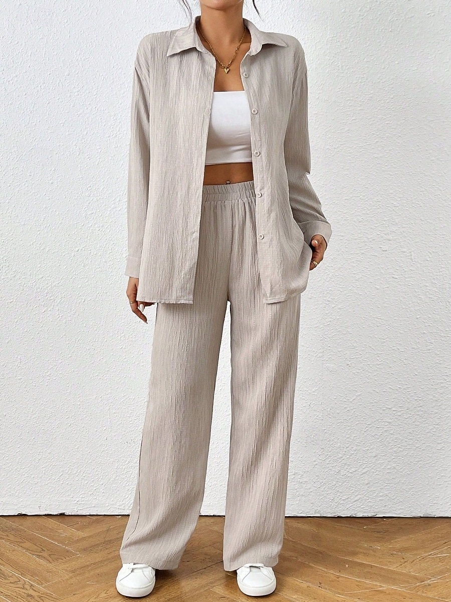 Femmes Mode Streetwear Ensembles de Pantalons manche longue Col de chemise Couleur Unie Tenue quotidienne Date Noir Beige Gris Printemps Coupe régulière de 2025 ? $37.99 –P1