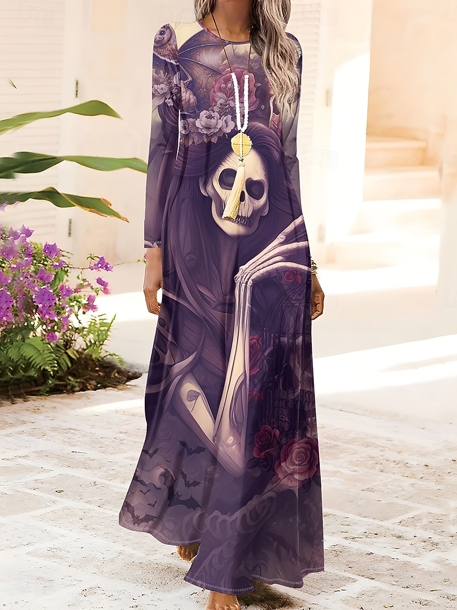Halloween dámské šaty maxi s potiskem lebek shift šaty A-line šaty ležérní denní regular fit grafika býk dlouhý rukáv kulatý výstřih černá fialová podzim zima 2025 - $34.99 –P4