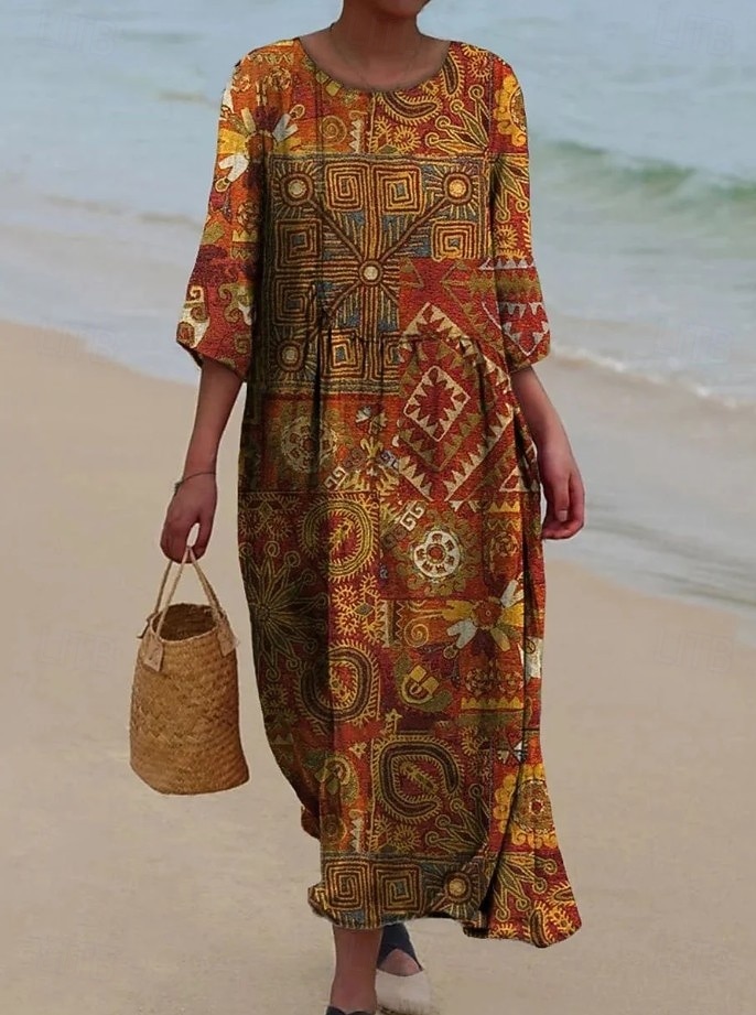 Abito maxi da donna in lino come traspirante leggero kaftano a maniche 3/4 scollo tondo casual abito a trapezio abito boho grafica geometrica giallo rosso marrone chiaro marrone del 2026 a $41.99 –P7