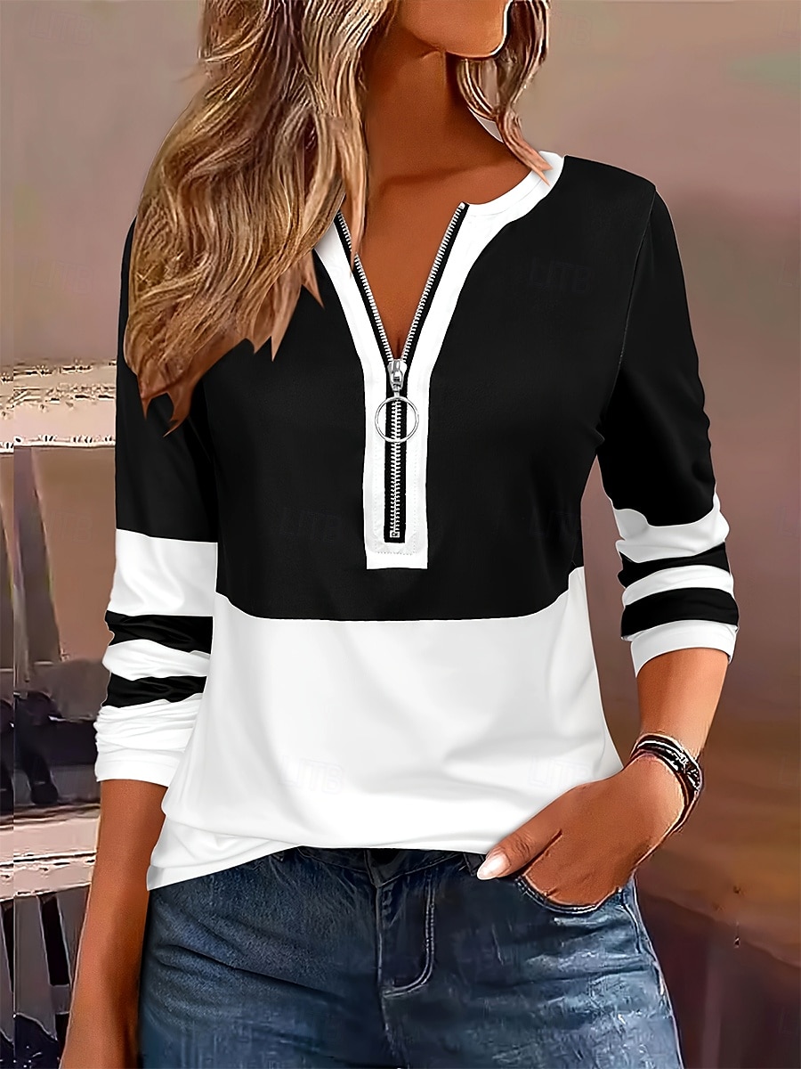 Women's T shirt Long Sleeve Graphic Color Block Striped Elegant Vintage Stylish Long Sleeve V Neck Regular Tops Daily Weekend Zipper Print Black Red Royal Blue Spring Fall Prefall 2025 - $23.99 –P4