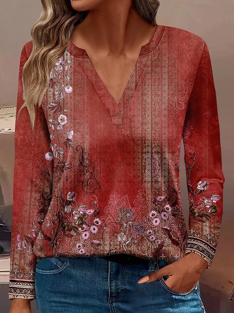 Femmes T-shirt Fleuri Occasionnel manche longue Encolure en V Hauts Réguliers Quotidien Boutons Imprimé Rouge Bleu Violet Vert Printemps Automne de 2025 ? $27.99 –P2