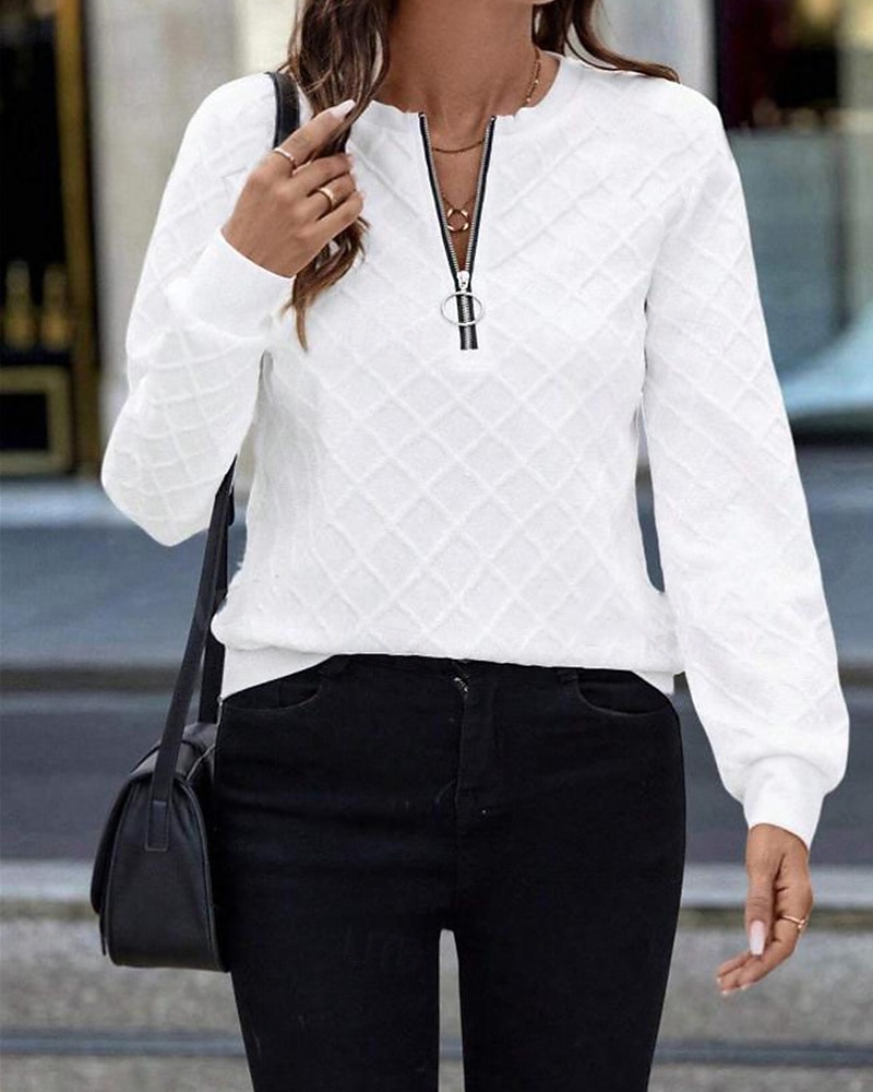 Per donna Felpa con texture Felpe Felpe con cerniera Semplice Streetwear Casual Comodo Manica Lunga Collo Alto Top Regolari Streetwear Ferie Uscire Zip a un quarto Bianco Primavera Autunno del 2025 a $23.99 –P5