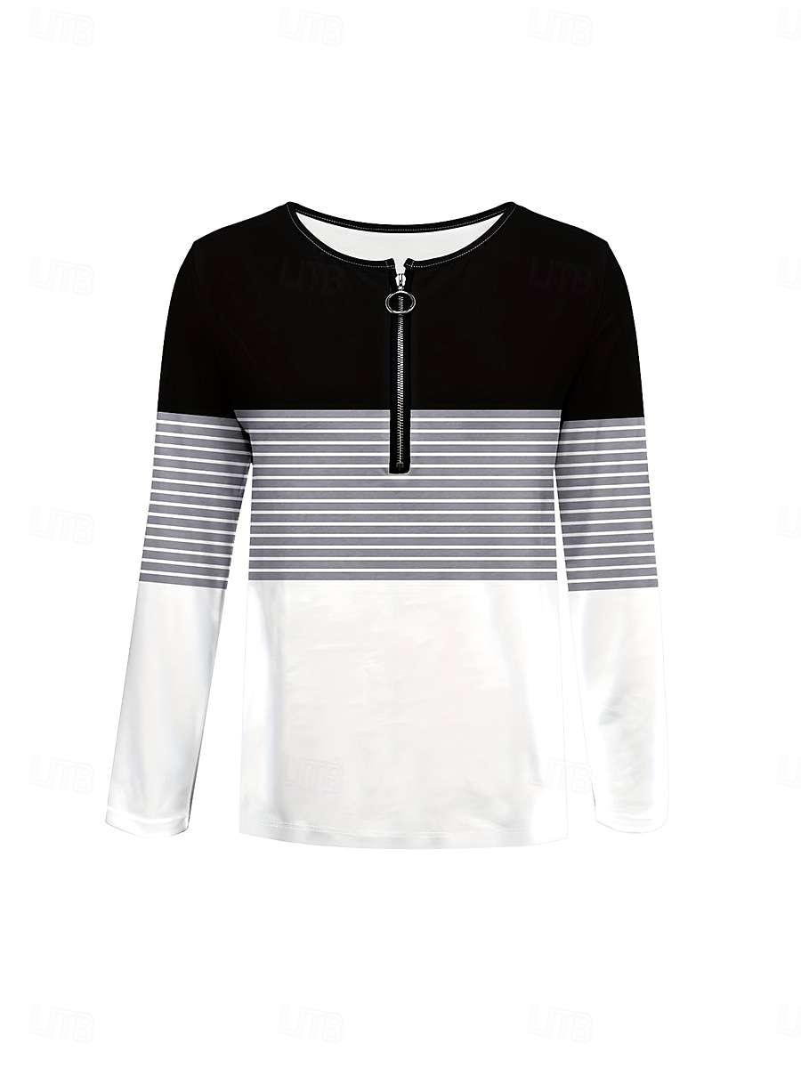 Damen T Shirt Reißverschluss Druck Grafik Geometrisch Gestreift Elegant Vintage Stilvoll Langarm Rundhals Einkerbiger Ausschnitt Normale Oberteile Täglich Wochenende Schwarz und weiss Frühling Herbst 2026 - $25.99 –P2