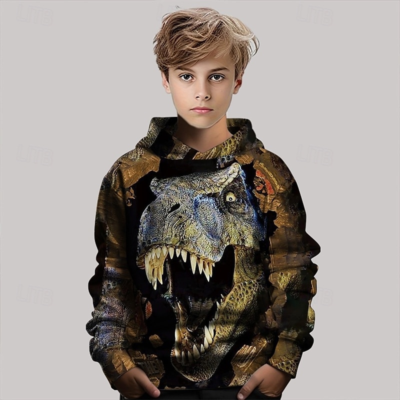 Pojkar 3D Dinosaurie Huvtröja Långärmad Vår Höst Mode Streetwear Barn 4-12 år Huva Utomhus Ledigt Dagligen Normal 2025 - $18.99 –P1