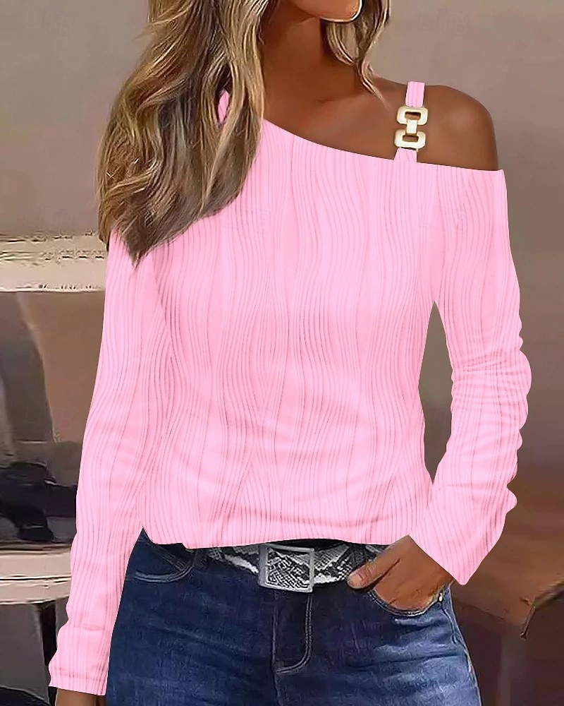 Women's T Shirt Plain Casual Long Sleeve One Shoulder Regular Tops Daily Going out Weekend Black White Pink Summer 2026 - $25.99 –P1