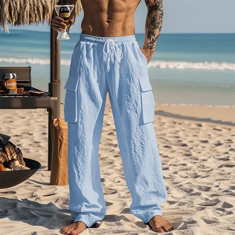 Herren Leinenhosen Hose Sommerhose Strandhose Kordelzug Tasche Elastischer Bund Einfach Komfort Atmungsaktiv Urlaub Täglich Ferien Hawaiianisch Boho Schwarz Weiß Mikroelastisch 2026 - $24.99 –P4