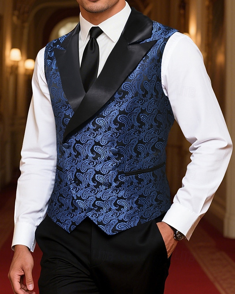2026年 男性用 ベスト チョッキ ジレ バケーション パーティー ビジネス ファッション カジュアル 春 秋 ポケット ボタン ポリエステル 快適 ペーズリー シングルブレスト 一つボタン ピークドラペル レギュラー ロイヤルブルー ベスト  コレクション – $37.99 –P1