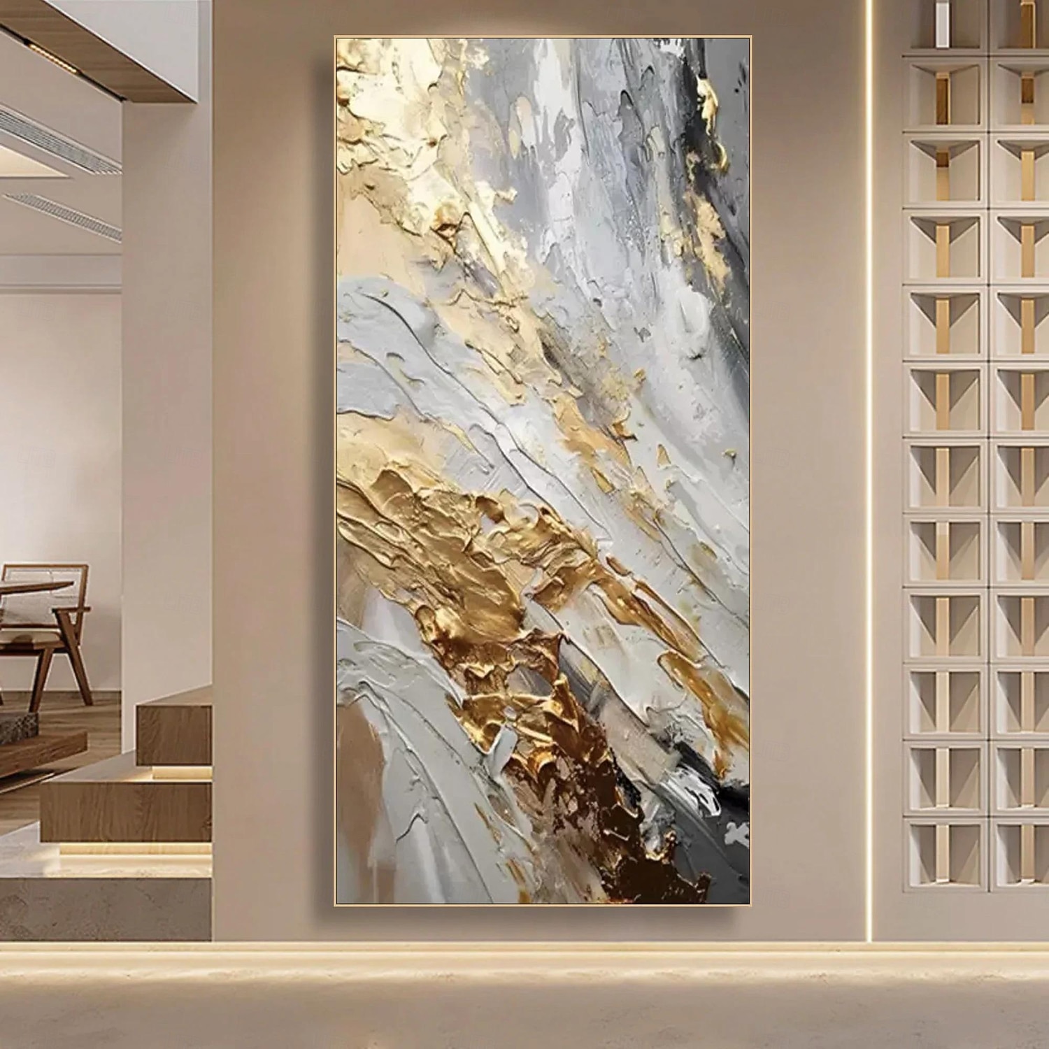 2026年 キャンバスに描かれた金色の抽象画、質感のある壁アート、金箔