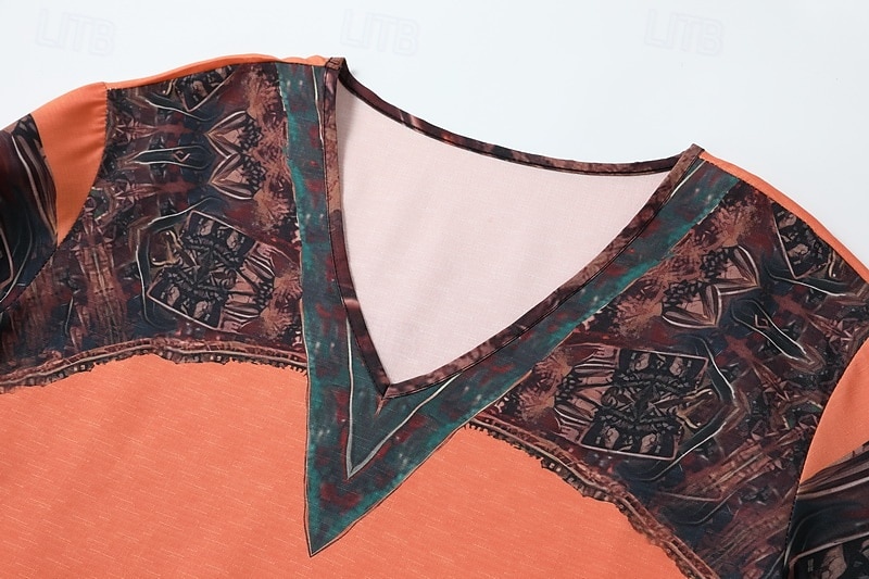 Dame Boho skjorte Bluse Blomsternål i krystall Moderne Bohem Langermet V-hals Vanlige topper Ferie Ut på byen Trykt mønster Svart Rød Oransje Mørkegrå Aprikos Sommer 2025 - $24.99 –P4