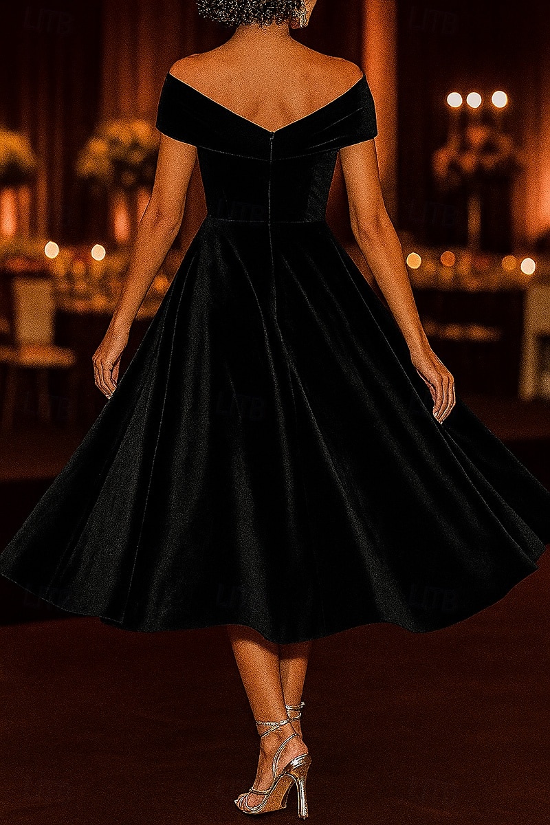 Vestidos de coquetel pretos em linha A, veludo elástico, elegante, vestido formal para casamento, comprimento chá, comprimento midi, ombro de fora com franzido 2025 de 2025 por $131.99 –P3