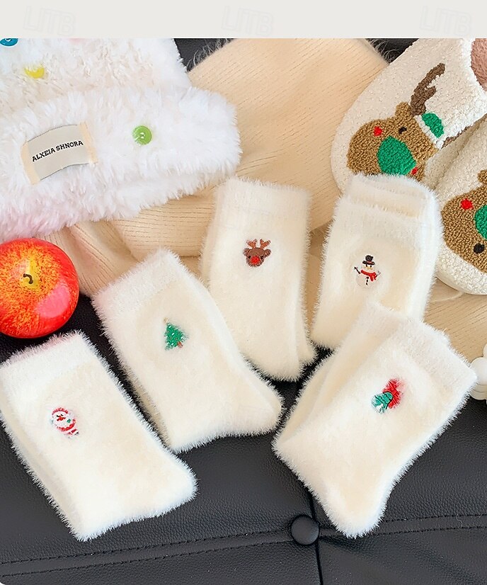 Calcetines navideños de invierno para mujer, calcetines gruesos y cálidos con muñeco de nieve. &Calcetines navideños de felpa de visón blanco acogedores con diseño de Papá Noel y bonitos calcetines 2025 - $7.99 –P6