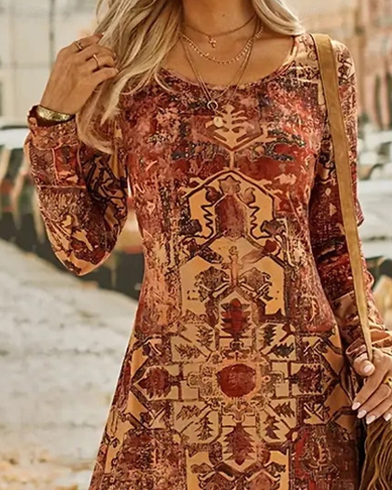 Femmes Robe Longue Maxi Robe Robe Décontractée Robe Imprimée Mode Moderne Quotidien Date Week-end Coupe régulière Fleur manche longue Col ras du cou Marron Printemps Automne de 2025 ? $21.99 –P2