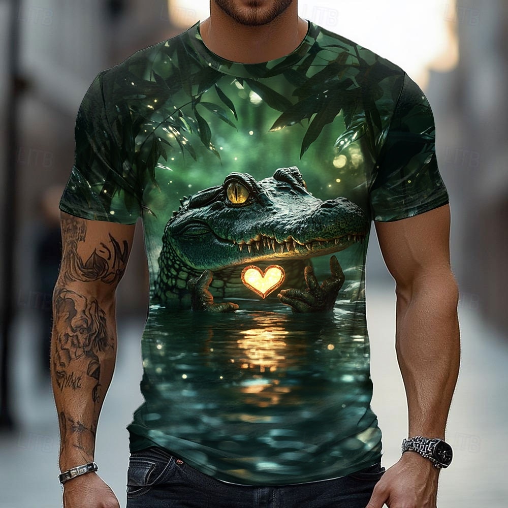 2025年 男性用 クロコダイル 3D Tシャツ 半袖 Tシャツ 3Dプリント クルーネック シャツ 誇張された デザイナー パーティー 祝日 緑 1# 緑 2# 緑 3# 夏 春 衣類 S M L XL XXL XXXL  コレクション – $17.99 –P2