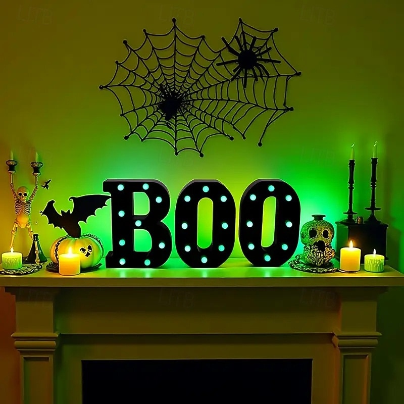 Halloween-dekorasjoner innendørs - 3 LED-telt med lysende bokstaver, svart boo-skilt, halloween-bokstavlys til hjemmet, innendørs kjøkken, peis, festbord, dekorutstyr 2025 - $21.97 –P8