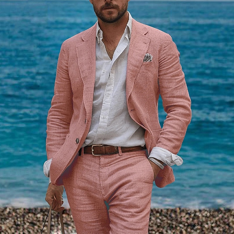 Per uomo Blazer in lino Completi Blazer Affari Cocktail party Ricevimento di matrimonio Moda Casual Primavera Autunno Lino Semplice Tasca 2 Pezzi Confortevole Monopetto Giacca Rosa Azzurro cielo del 2025 a $97.99 –P2