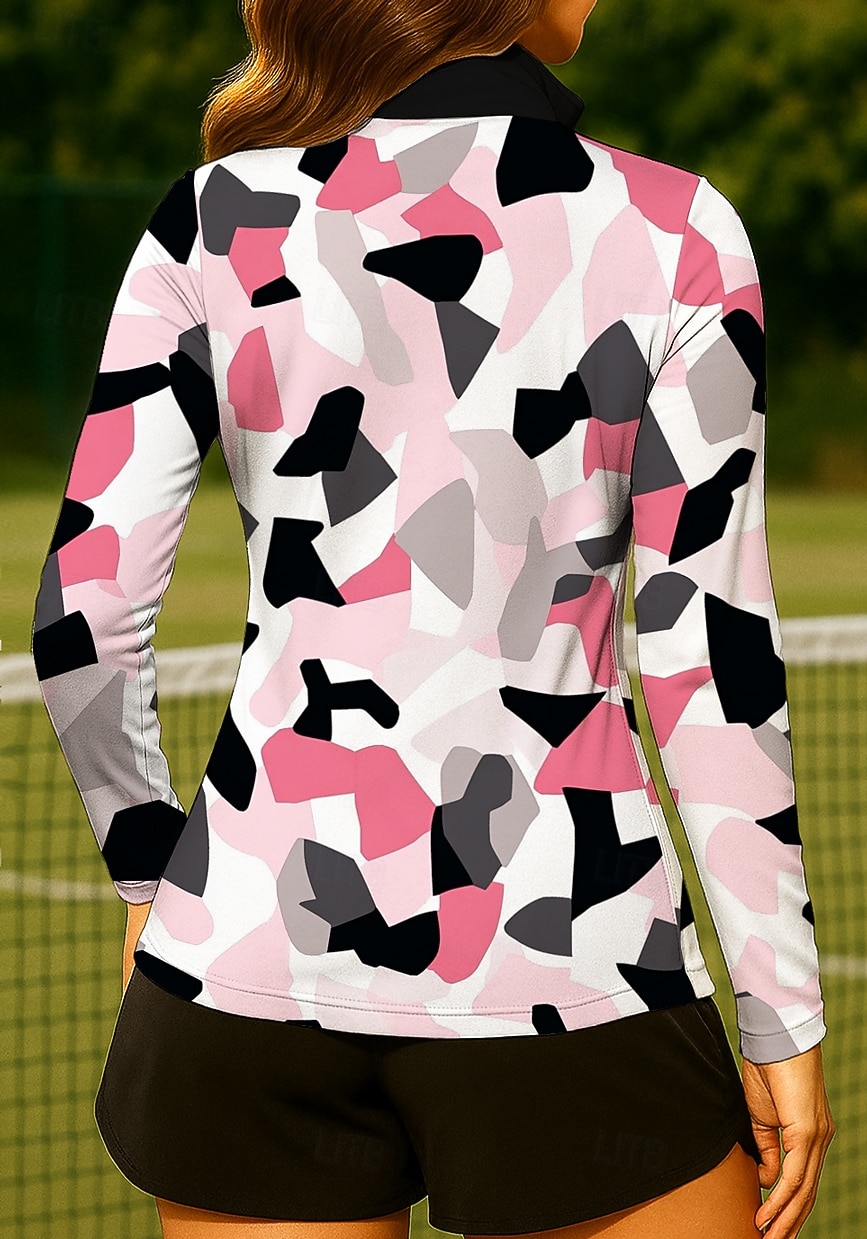 Women's Geometric Tops Golf Polo Shirt Tennis Shirt Long Sleeve Print Quarter Zip Pullover UV Protection Elastic Breathable Tennis Golf Pickleball Stand Collar Zip Collar Shirt Sweatshirt Pink Blue 2026 - $25.99 –P2