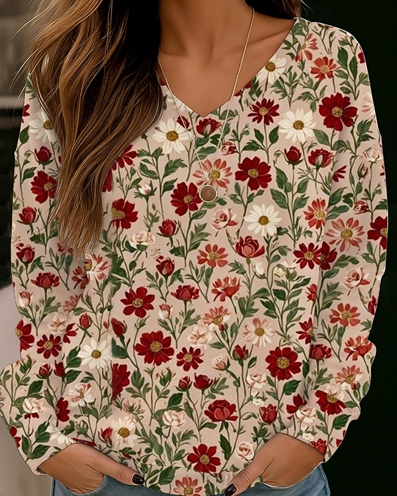 Per donna Felpa Pullover Stampato Floreale Streetwear Casual Manica Lunga Scollo a V Top Regolari Streetwear Ferie Uscire Bianco Giallo Rosso Verde Autunno del 2026 a $23.99 –P1
