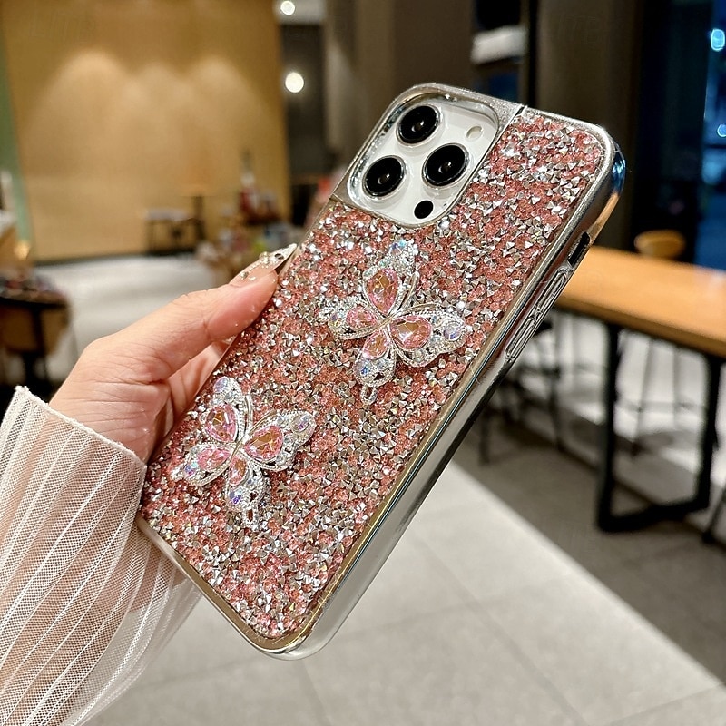 טלפון מגן עבור iPhone 16 15 14 Pro Max Plus 16e 13 Pro Max כיסוי אחורי בלינג גליטר מבריק עמיד בזעזועים פרפר צפוי 2025 - $12.99 –P4