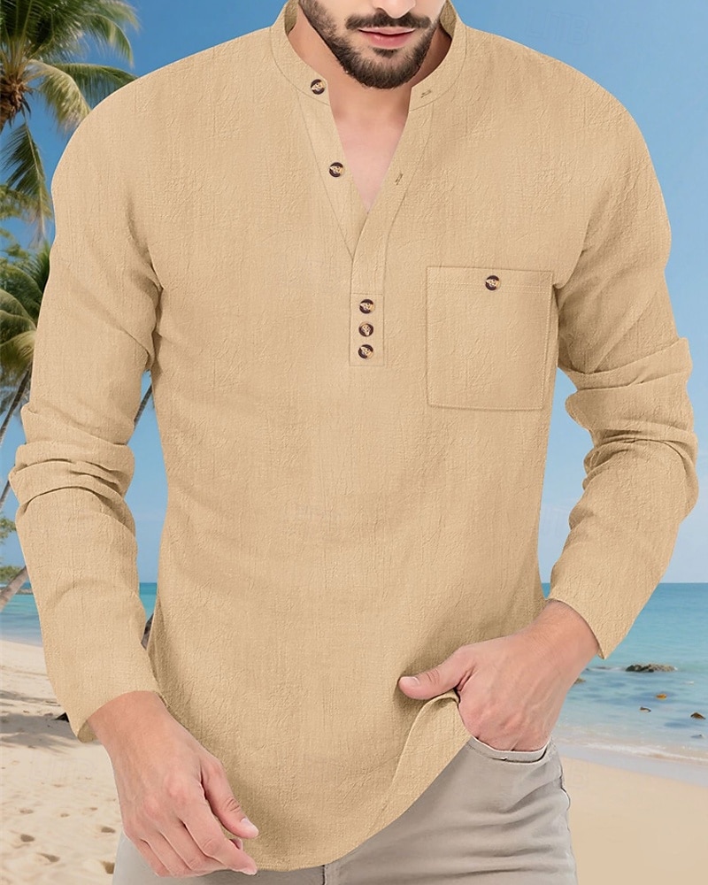 Per uomo Camicia Camicia popover Camicia Estiva Camicia casual Camicia da Spiaggia Nero Bianco Giallo Blu marino Azzurro cielo Manica Lunga Semplice Colletto alla coreana Vacanza Camicia hawaiana del 2025 a $23.99 –P8