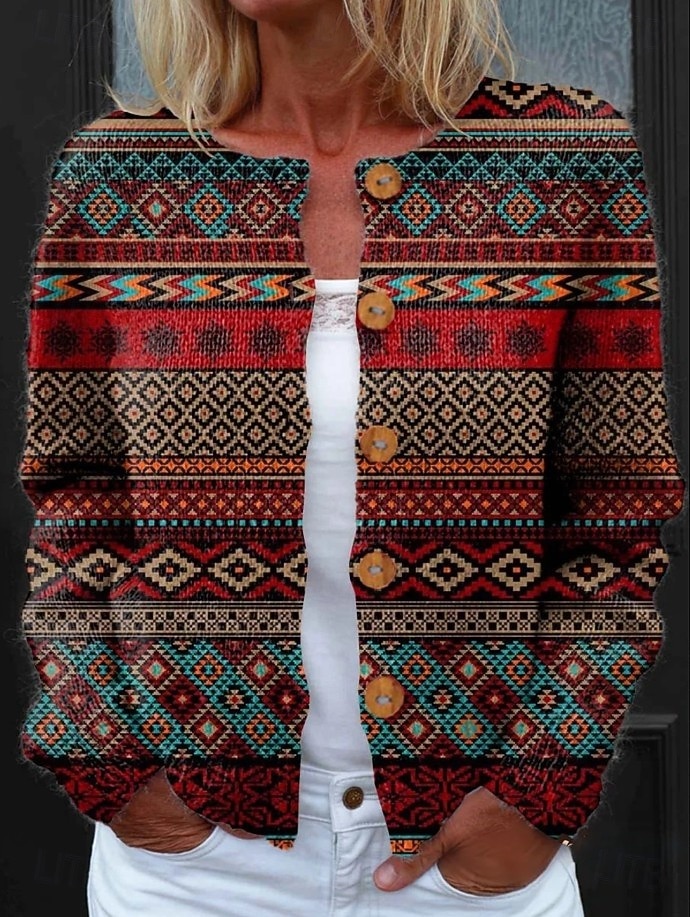 Dames Cardigan Trui Gebreide Ribbel Knop Voor Ronde Hals Lange Mouwen Lichtgewicht Dagelijks Geometrisch Paisley Crew Hals Knoppen Print Reguliere Tops Brei Buiten Weekend Zwart Geel Lent Herfst 2026 - $41.99 –P2