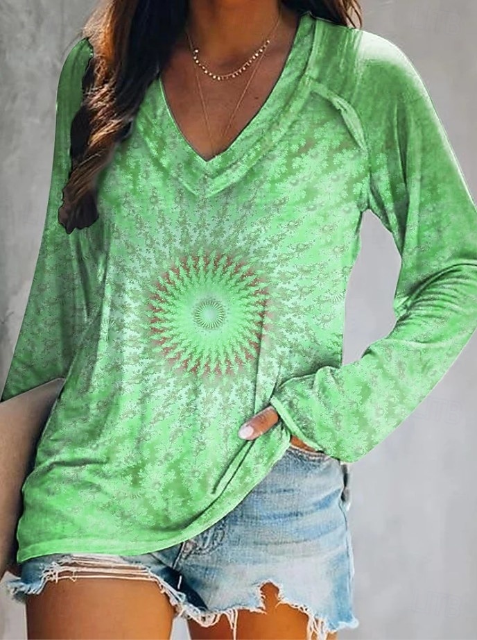 Femmes T-shirt Fleuri Graphique Plantes Élégant Bohème ancien manche longue Col en V Hauts Réguliers Quotidien Sortir Week-end Imprimé Jaune Rose Claire Bleu Violet Vert Printemps Automne de 2025 ? $22.99 –P5