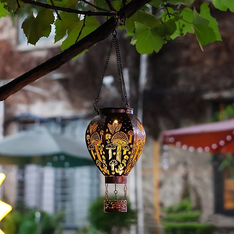 1 pz 45cm luce solare da esterno a sospensione a forma di mongolfiera, luce di proiezione in ferro cavo, colibrì, fungo, cortile, giardino, terrazza, balcone, lanterna decorativa, luce da paesaggio del 2025 a $21.99 –P4