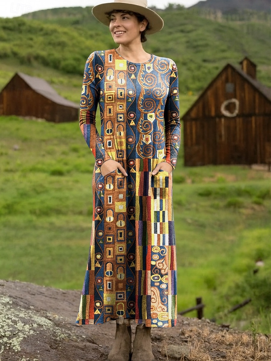 Damen Maxikleid T-Shirt-Kleid Lässig Täglich Ausgehen Normale Passform Grafik Geometrisch Langarm Rundhalsausschnitt Rote Leicht Braun Orange Braun Sommer Frühling Herbst 2025 - $31.99 –P2