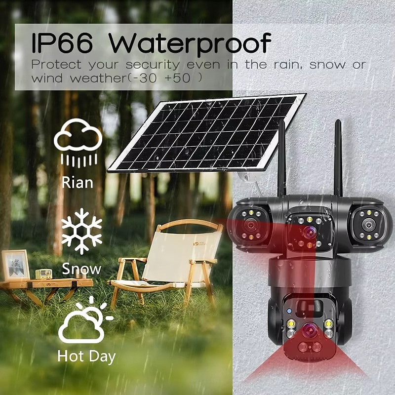 2025年 ソーラーカメラ 屋外 ワイヤレス Wi-Fi 3レンズ ソーラーセキュリティカメラ 360度パノラマ &チルト、死角なし、スマートAI、人間検知、追跡、カラーナイトビジョン、双方向通話、サイレンアラーム、携帯電話不要  コレクション – $89.99 –P2
