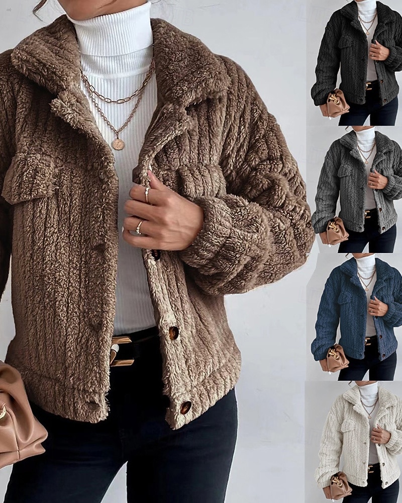 Dame Vinterfrakk Fleece-jakke Hold Varm Bekvem Lomme Knapper Mote عادي Ut på byen Helg Enkeltkneppet Normal Aftæpning Normal Langermet Yttertøy Svart Brun Mørkegrå Vinter 2025 - $24.99 –P1