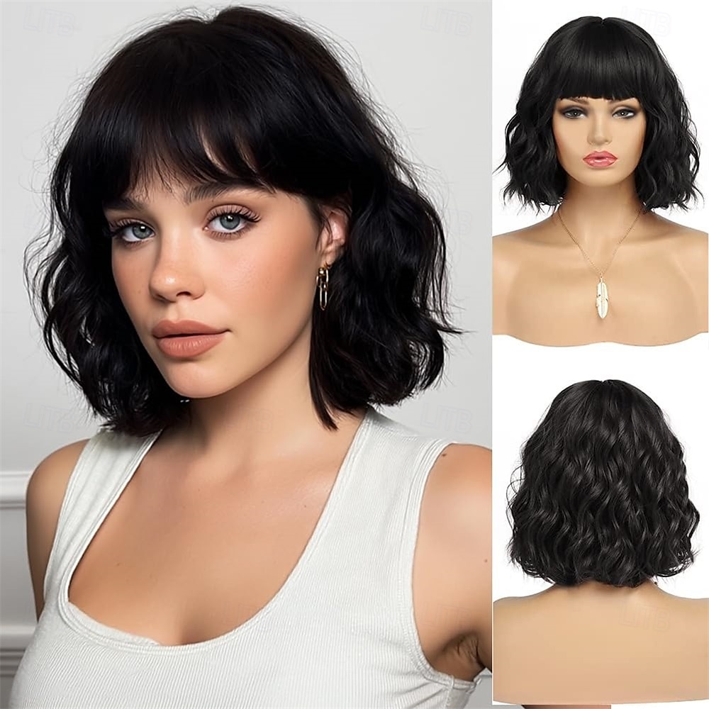 parrucche corte argentate per donne, parrucca bob ondulata grigia sfumata con frangia, capelli sintetici di media lunghezza, parrucca con radici scure e onde d'acqua, parrucche grigie colorate del 2025 a $23.99 –P5