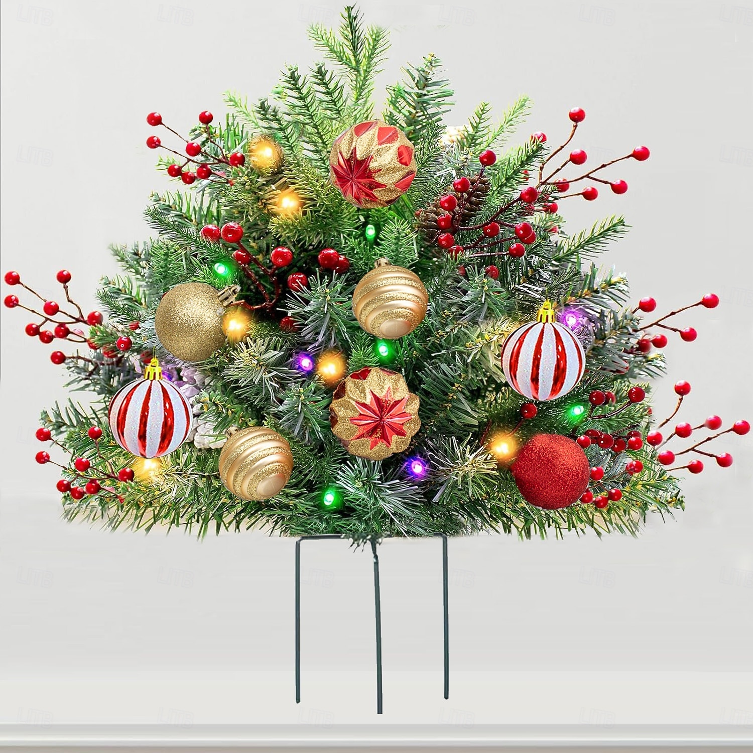 Urna de árbol de Navidad artificial preiluminada, decoración navideña para exteriores con plantas artificiales adornadas con adornos variados y luces LED blancas preinstaladas, decoración navideña con 2025 - $29.99 –P9