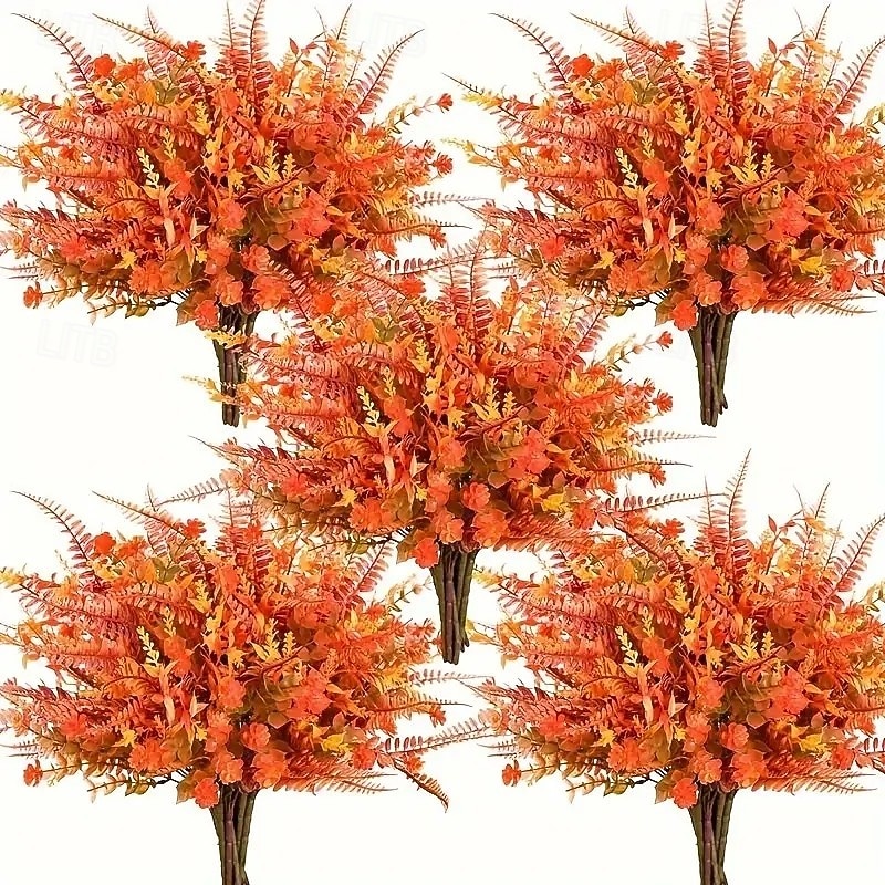 6 связок искусственных осенних цветов, устойчивых к ультрафиолетовому излучению, искусственные растения оранжевого, желтого, коричневого и красного цветов, прочный пластиковый осенний букет для декора 2026 - $17.99 –P1