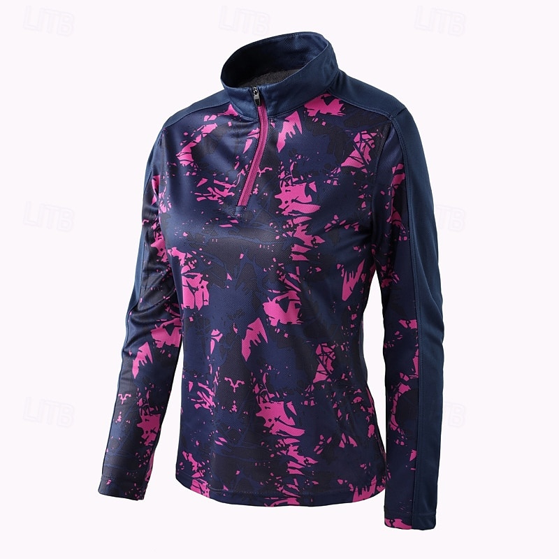 Damen Wanderhemd Wanderspitze Hemd mit Viertelreißverschluss Langarm Stehkragen Oberteil Außen Schnelltrocknend Schweißableitend Polyester Tarnung Grün Tennis Golfspiel Laufen 2025 - $32.99 –P1