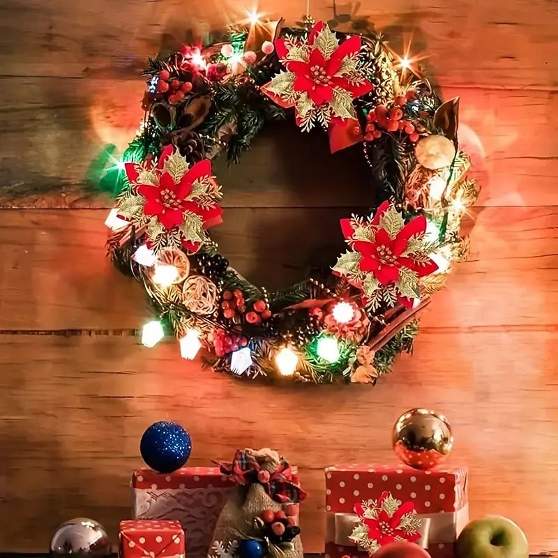 20 искусственных рождественских цветов пуансеттии с двухслойной розовой окантовкой, 5,9 дюйма, сверкающие рождественские цветочные украшения для венков, рождественской елки, свадеб и праздничного 2025 - $19.99 –P5