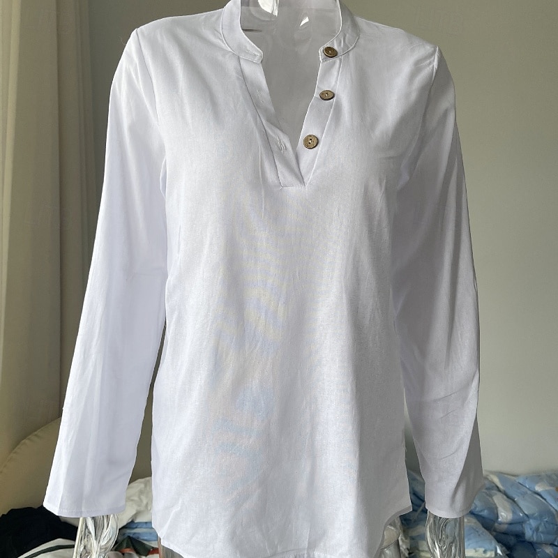 Dam Skjorta Texturblus Linneinspirerade skjortor Blus Knappar Slät Modern Ledigt Långärmad V-hals Vanliga toppar Helgdag Utekväll Vit Ljuslila Kaki Ljusblå Höst 2026 - $26.99 –P5