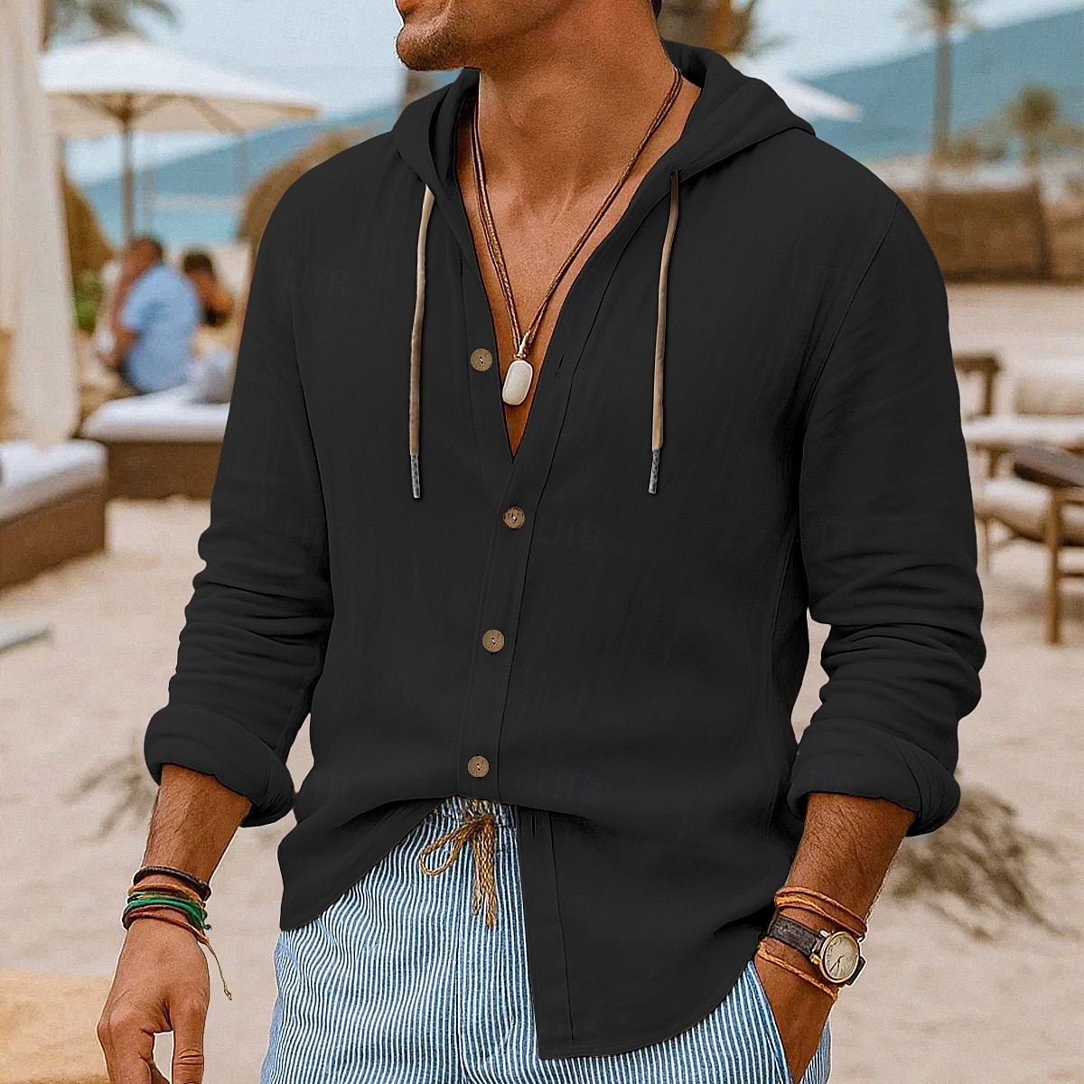 Herren Hemd Leinenhemd Strandbekleidung Knopfhemd Kapuzenhemd Einfach Urlaub Lässig Schwarz Weiß Blau Grün Langarm Mit Kapuze Sommer Frühling & Sommer Bekleidung Knöpfe 2025 - $25.99 –P8