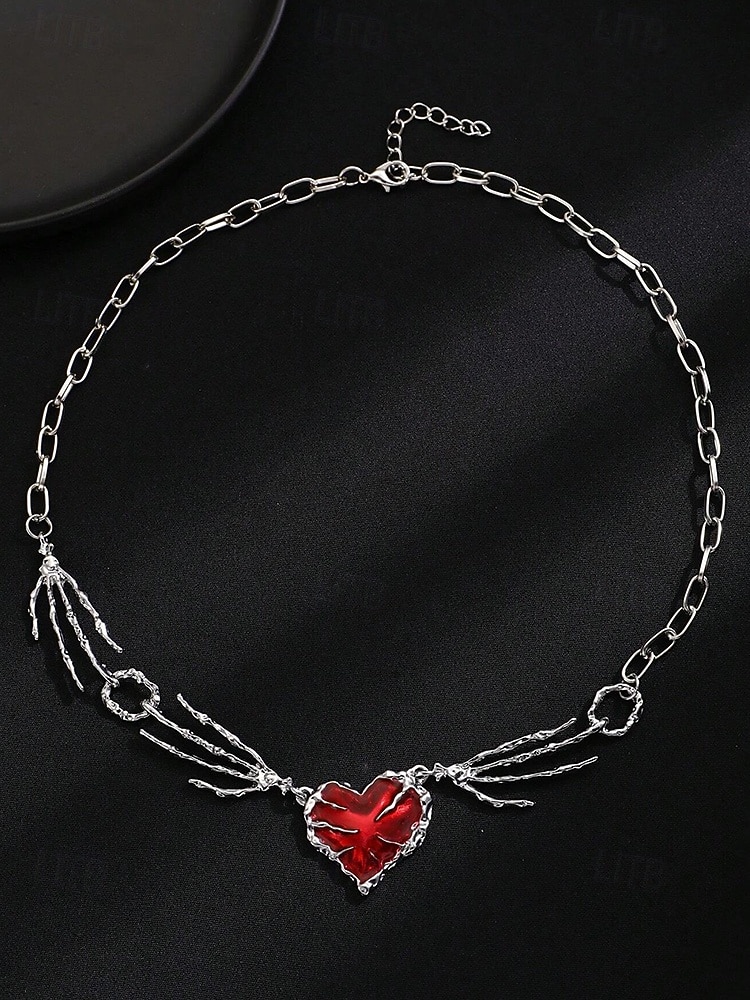 Collana da donna con ciondolo a forma di cuore e mano scheletrica per Halloween, catena con gemma rossa punk gotica, gioielli per feste in maschera e cosplay del 2025 a $7.99 –P4