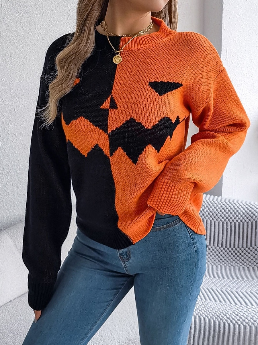 Maglione da donna Halloween con zucca casual morbido grafica colletto a coste maniche lunghe top regolari lavorato a maglia arancione khaki autunno inverno pre-autunno del 2025 a $31.99 –P3