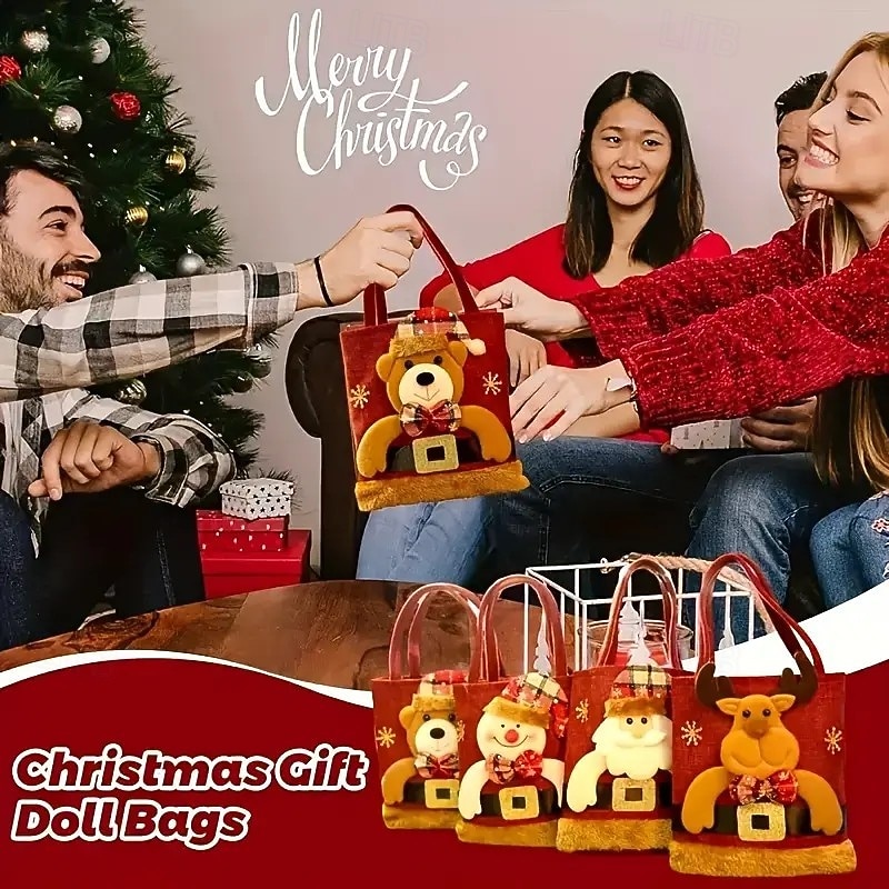 Sada 4 vánočních dárkových tašek pro panenky, mini plyšové sáčky s motivem Santa Clause a sněhuláka a sobů, sáčky na vánoční dárky 2025 - $26.99 –P9