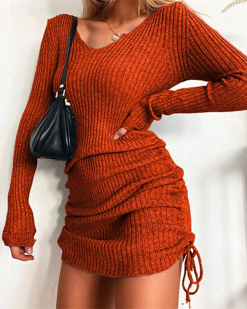 Femmes Mini Robe Robe Pull Mode Moderne Extérieur Vacances Fête Coupe régulière Uni manche longue Col en V Noir Jaune Vin Vert foncé Automne de 2025 ? $19.99 –P9