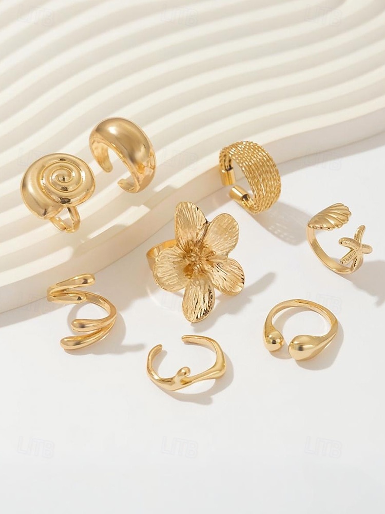 Női 8 darabos, állítható méretű aranyötvözet gyűrűszett – bohém, mutatós ékszer virágos, kagyló- és geometrikus mintákkal partikra, esküvőkre és mindennapi viseletre 2025 - $11.99 –P5