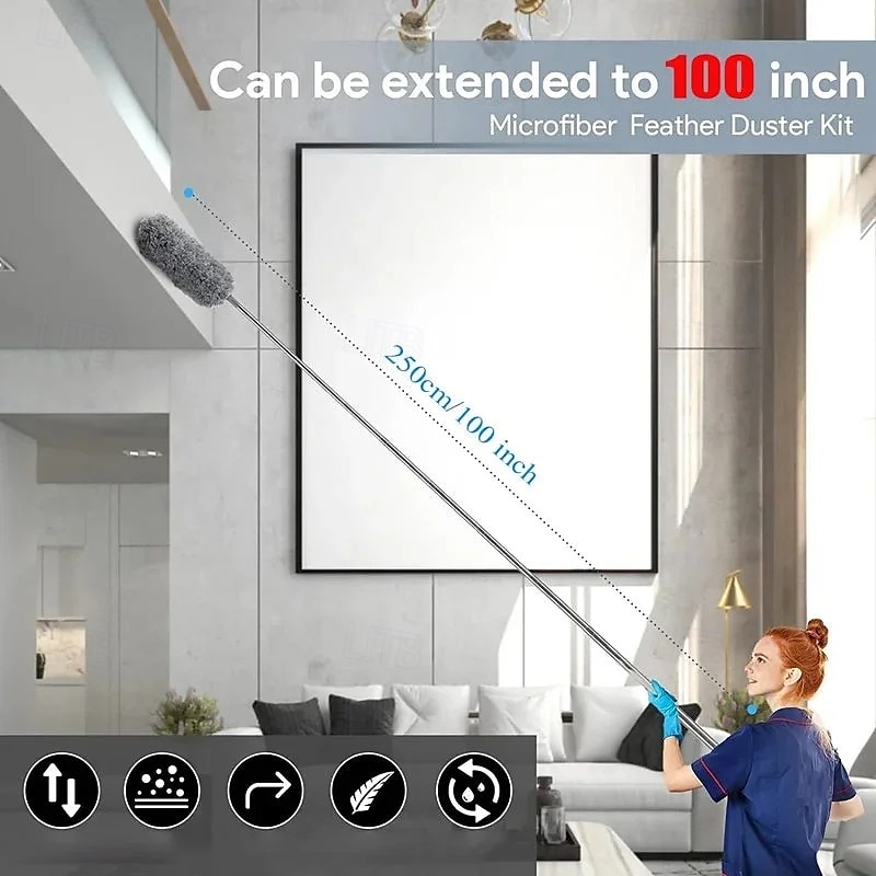 Plumero de microfibra curvo, retráctil y lavable, de 2,8 metros de largo, con mango extensible, flexible y electrostático, ideal para limpiar el hogar, ventiladores de techo de gran alcance, 2025 - $6.49 –P1