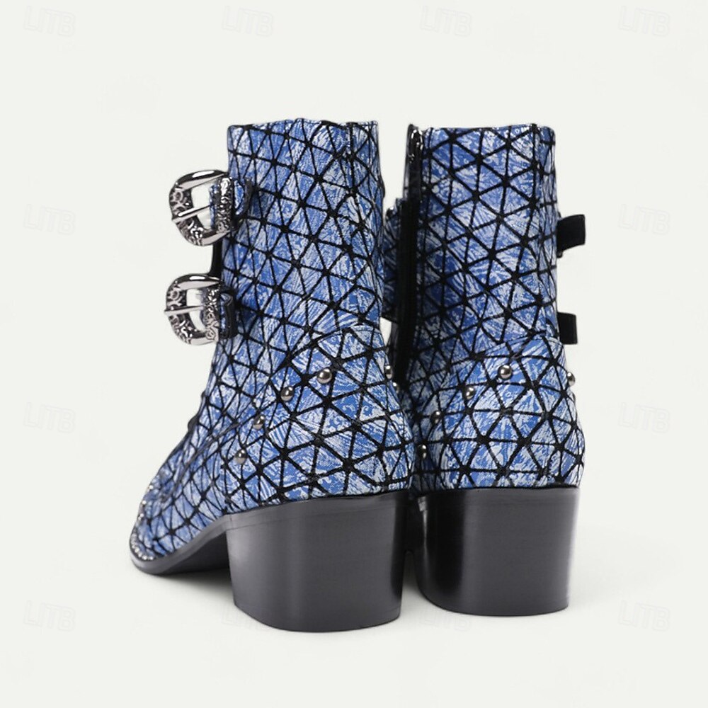 Pánské modré kotníkové boty s geometrickým potiskem – módní kovbojské boty na koncerty, streetwear a noční zábavu 2025 - $149.99 –P8