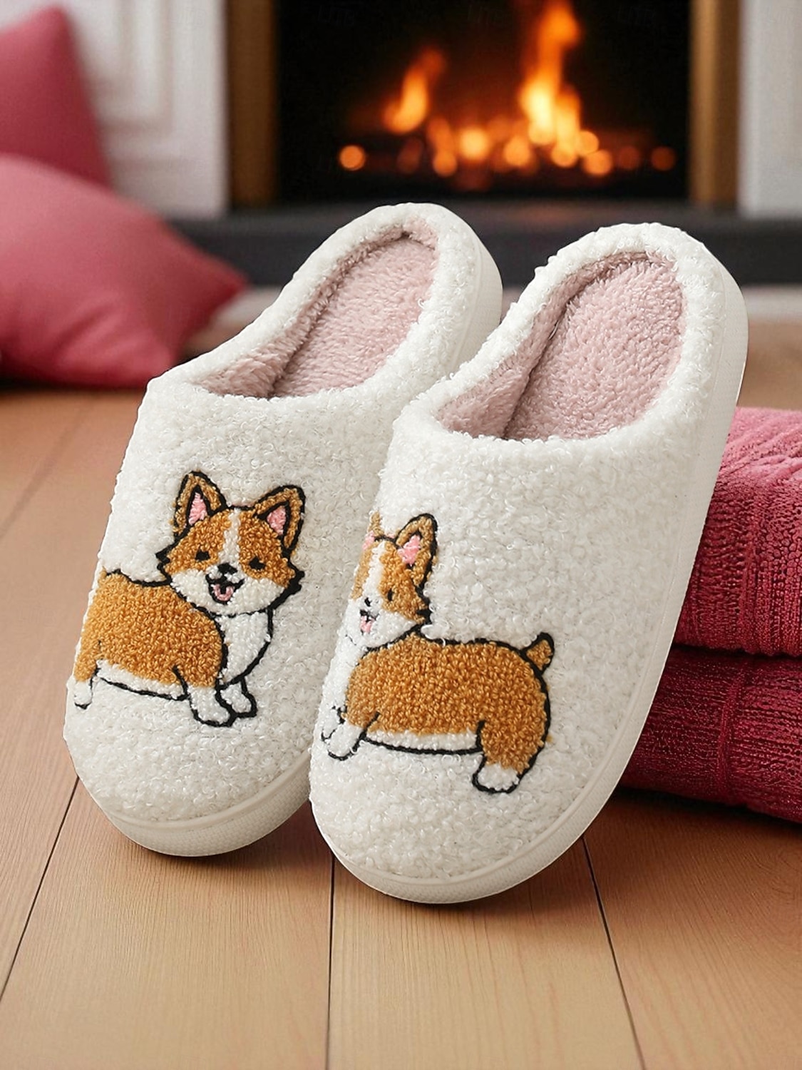 Pantufas femininas de lã sintética branca com estampa fofa de corgi – chinelos confortáveis de inverno para casa, quarto e sala de estar de 2025 por $18.99 –P4