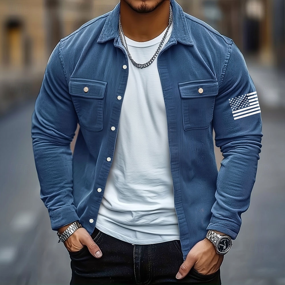 Pánské Americká americká vlajka Kordurová košile Košile bunda Overshirt Dlouhý rukáv Na běžné nošení Venkovní Na den Podzim Zima Přehnutý Tlačítko dolů Teplé Bunda s klopovými kapsami Vodní modr 2025 - $29.99 –P4