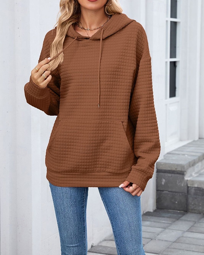 Damen Textur Bluse Kapuzenpullover Tasche Einfach Streetwear Lässig Langarm Mit Kapuze Normale Oberteile Straße Ferien Ausgehen Schwarz Rosa Braun Khaki Grau Herbst 2026 - $25.99 –P5