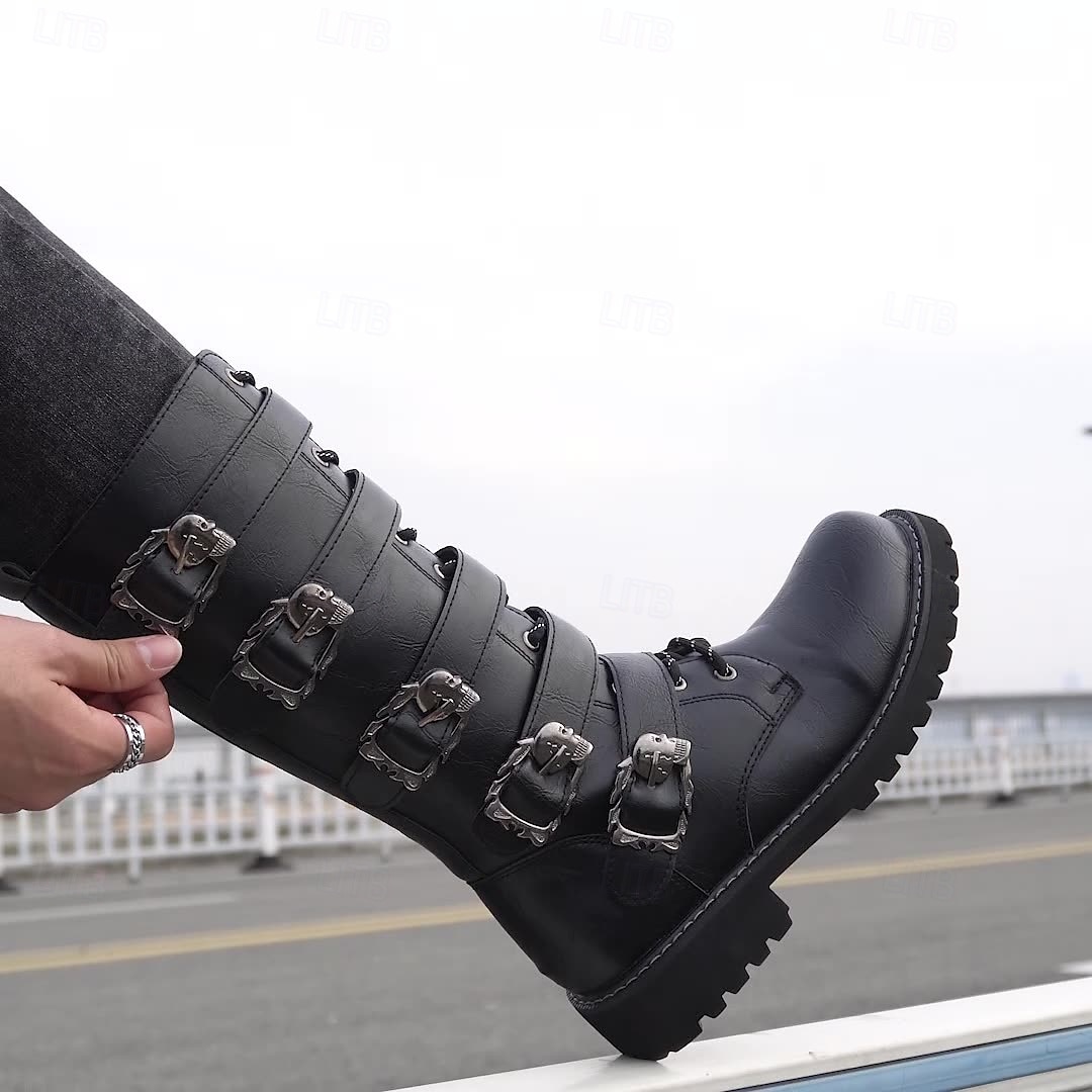 Botas masculinas de cano alto com tiras de fivelas múltiplas e design de cadarço - calçado de combate estilo punk gótico para uso casual urbano e moda de rua de 2025 por $59.99 –P7