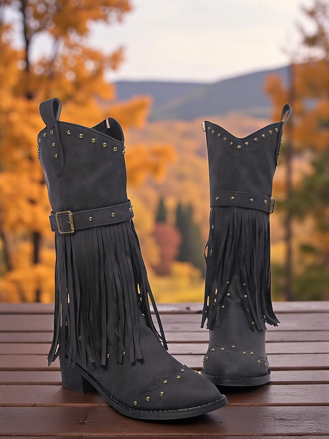 Γυναικείες καφέ μπότες μέχρι το γόνατο με κρόσσια από τεχνητό δέρμα, λεπτομέρειες με τρουκς και χαμηλά τακούνια, μποέμ παπούτσια σε στιλ καουμπόι γουέστερν 2026 - $54.99 –P8