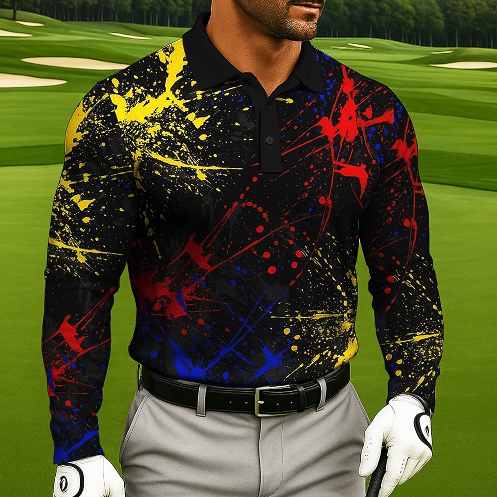 Men's Golf Splash Ink Polo Long Sleeve Polo Shirts Lapel Sportswear Casual Athleisure Daily Wear 3D Print Buttons Spring Fall Winter Black White 2026 - $22.99 –P1