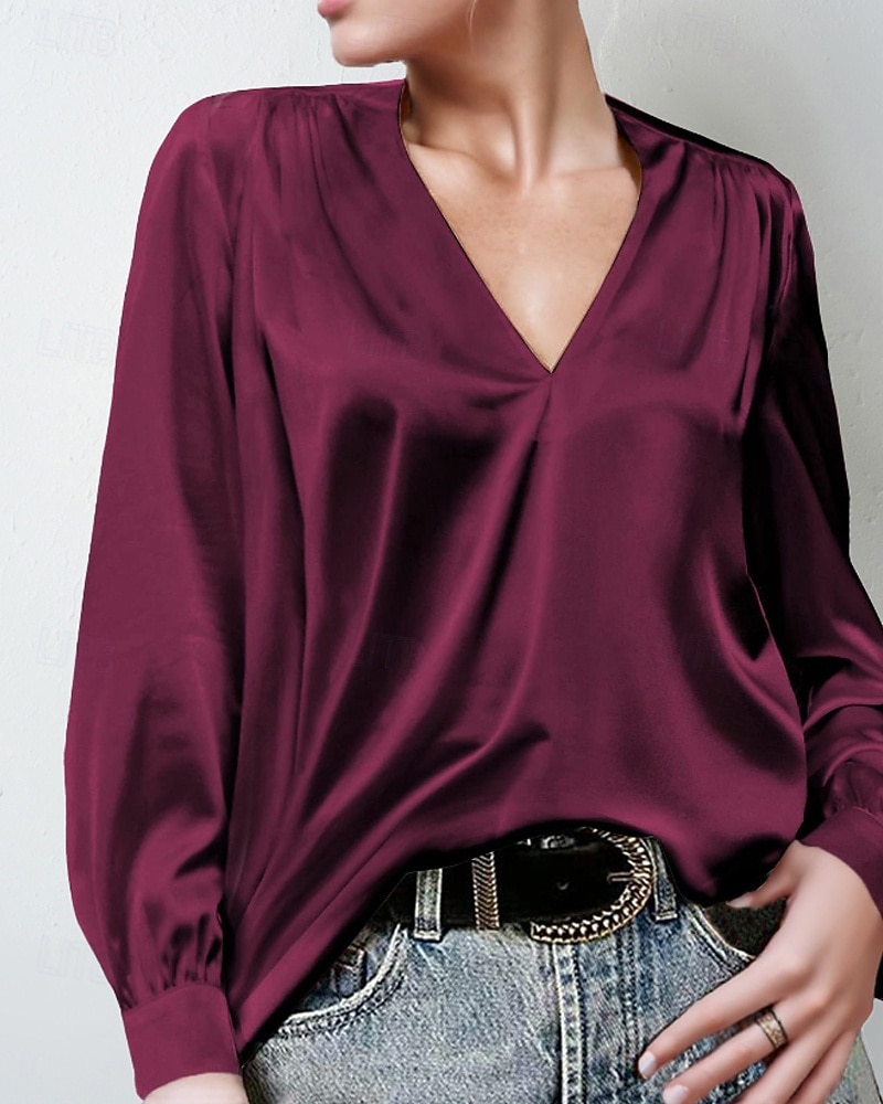 Damen Hemd Bluse Einfach Modern Lässig Langarm V Ausschnitt Normale Oberteile Täglich Ferien Ausgehen Gerafft Schwarz Weiß Gelb Rosa Wein Herbst 2025 - $25.99 –P7